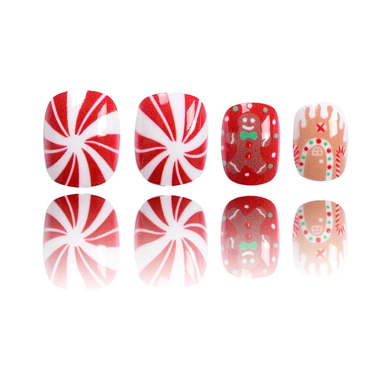 24Pcs Short Christmas Press on Nail Tong Gingerbread Man Fake Nails For Women&Girl Patch Candy Cane House False Nail