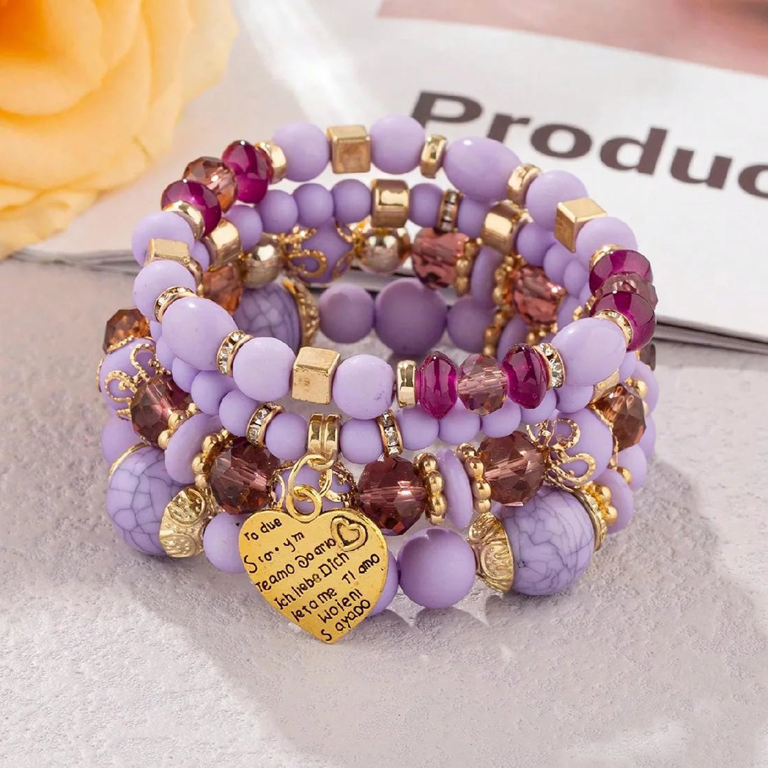 Aveuri-Christmas Gift New Year's Eve Gift 4Pcs Boho Crystal Beads Chain Bracelet Set For Women Vintage Heart Charm Elastic Bangle Female Fashion Party Jewelry