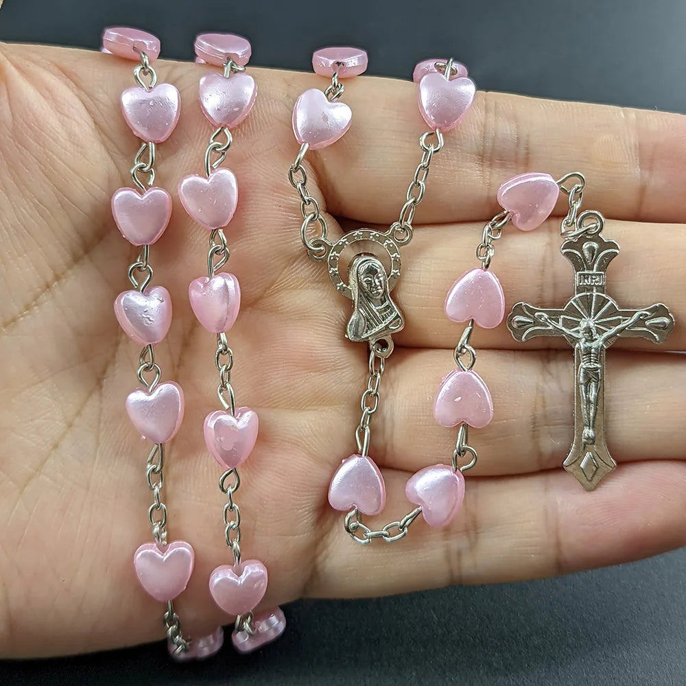 Aveuri-Christmas Gift New Year's Eve Gift Christian Rosary Beads Necklace For Women Cross INRI Virgin Mary Pendant Pink Heart Chain Female Religion Prayer Party Jewelry