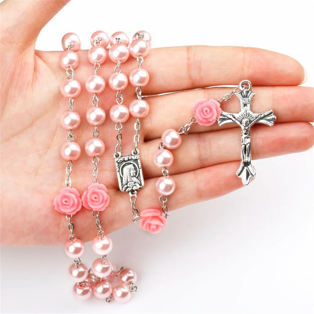 Aveuri-Christmas Gift New Year's Eve Gift 6MM Pink Rosary Necklace For Women Rose Glass Beads Chain Crucifix Cross INRI Pendant Men Religious Prayer Long Jewelry