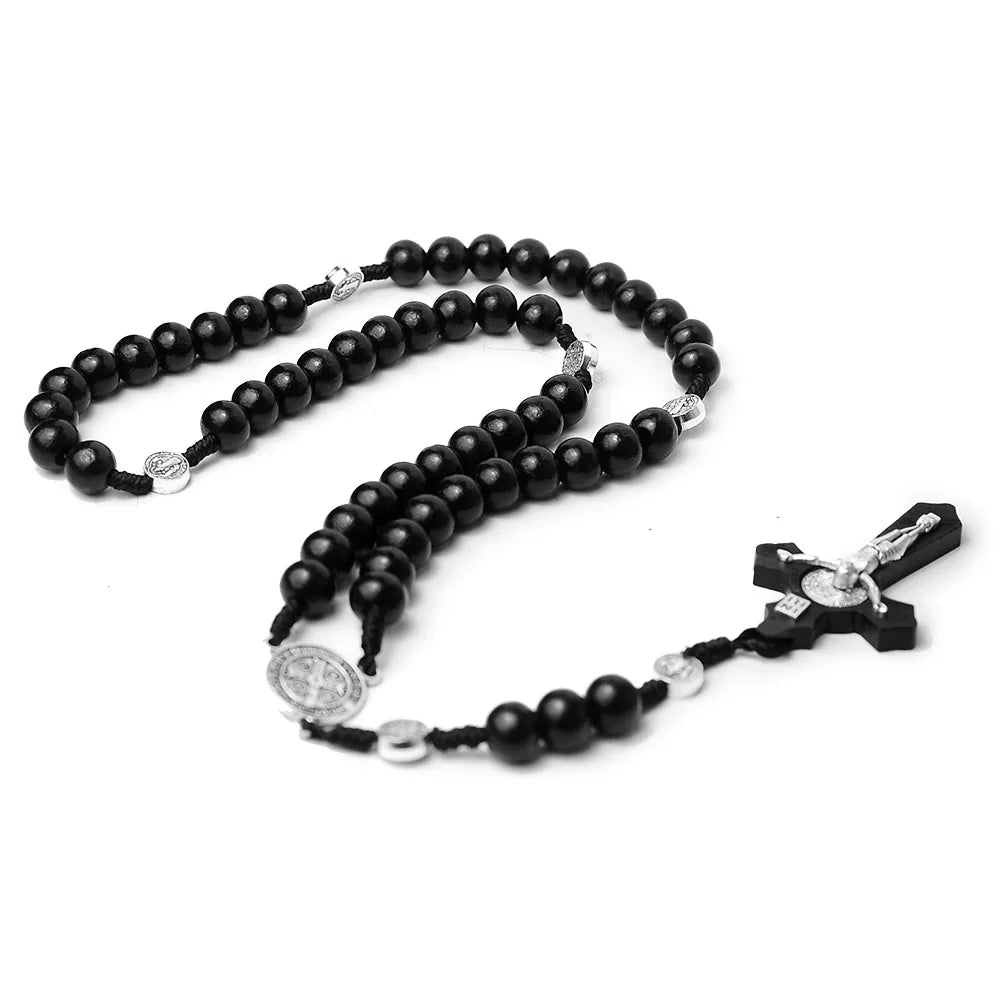 Aveuri-Christmas Gift New Year's Eve Gift Catholic Wood Beaded Rosary Necklaces For Women Christian INRI Crucifix Cross Pendant Long Chain Men Religion Prayer Jewelry