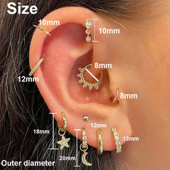 Aveuri-Daith Tragus Helix Piercing Earring Women Zircon Star Moon Drop Earring Cartilage Ear Lobe Stainless Steel Hoop Piercing Earring