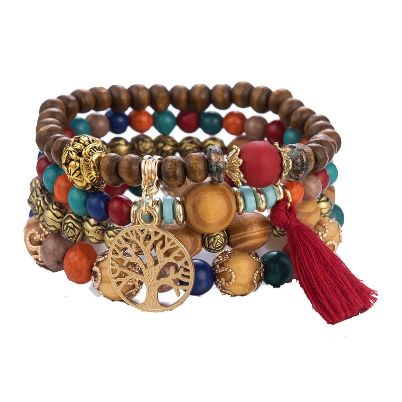 Aveuri-Christmas Gift New Year's Eve Gift Boho Tree Of Life Bracelet Set For Women Fashion Tassels Charm Wooden Beads Elastic Chain Bangle Girl Trendy Party Jewelry