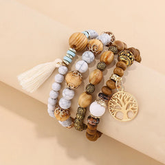 Aveuri-Christmas Gift New Year's Eve Gift 4Pcs/Set Boho Wooden Beaded Bracelet Set For Women Tree Of Life White Tassels Charm Elastic Chain Bangle Lady Bohemia Jewelry