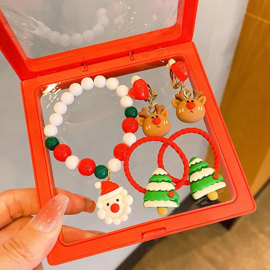 Aveuri-Christmas Gift idea 5 Pcs Kids Bracelet Ring Earring Set Santa Elk Girls Gift Holiday Party Ring Ear Clip Childrens Jewelry