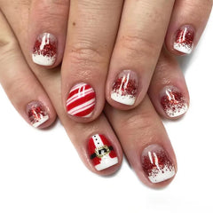 24Pcs Short Shiny Square Press on Nails Christmas Red Glitter Santa with Stripe Design Full Cover Fake Nail Tips for Women&girls