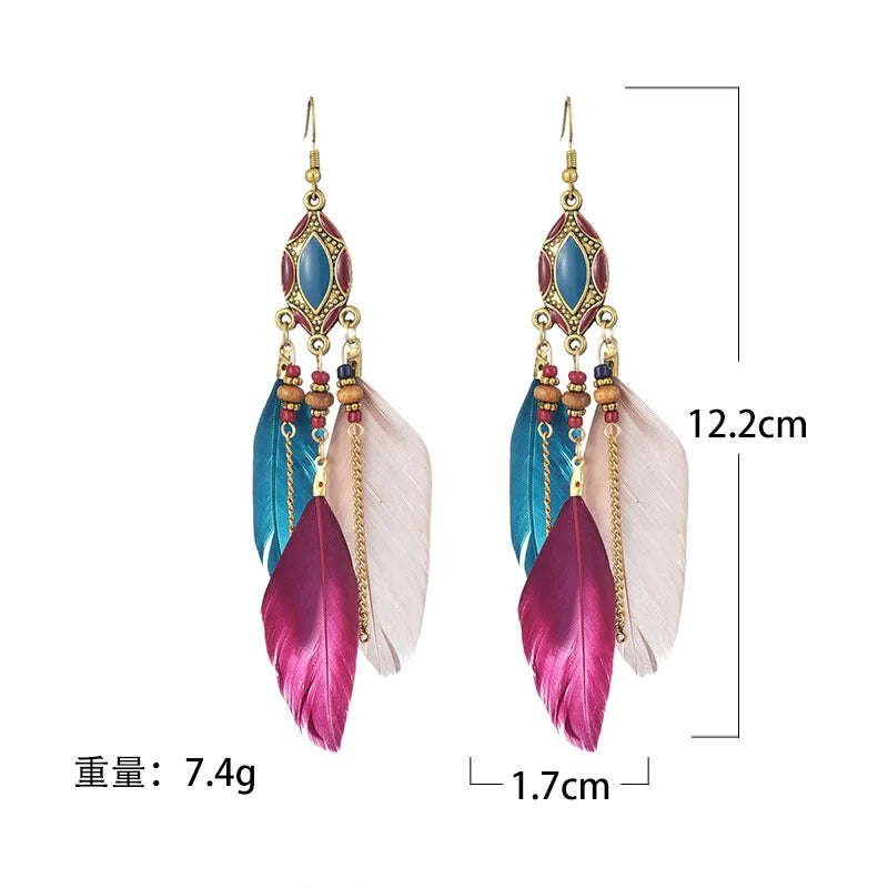 Aveuri-Christmas Gift New Year's Eve Gift New Ethnic Long Feather Dangle Earrings For Women Bohemian Tassel Beads Handmade Enamel Earrings Girl Bride Wedding Jewelry