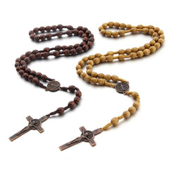 Aveuri-Christmas Gift New Year's Eve Gift Handmade Wood Beads Rosary Necklace For Women Men Crucifix Cross Pendant Long braided Rope Chain Religious Prayer Jewelry