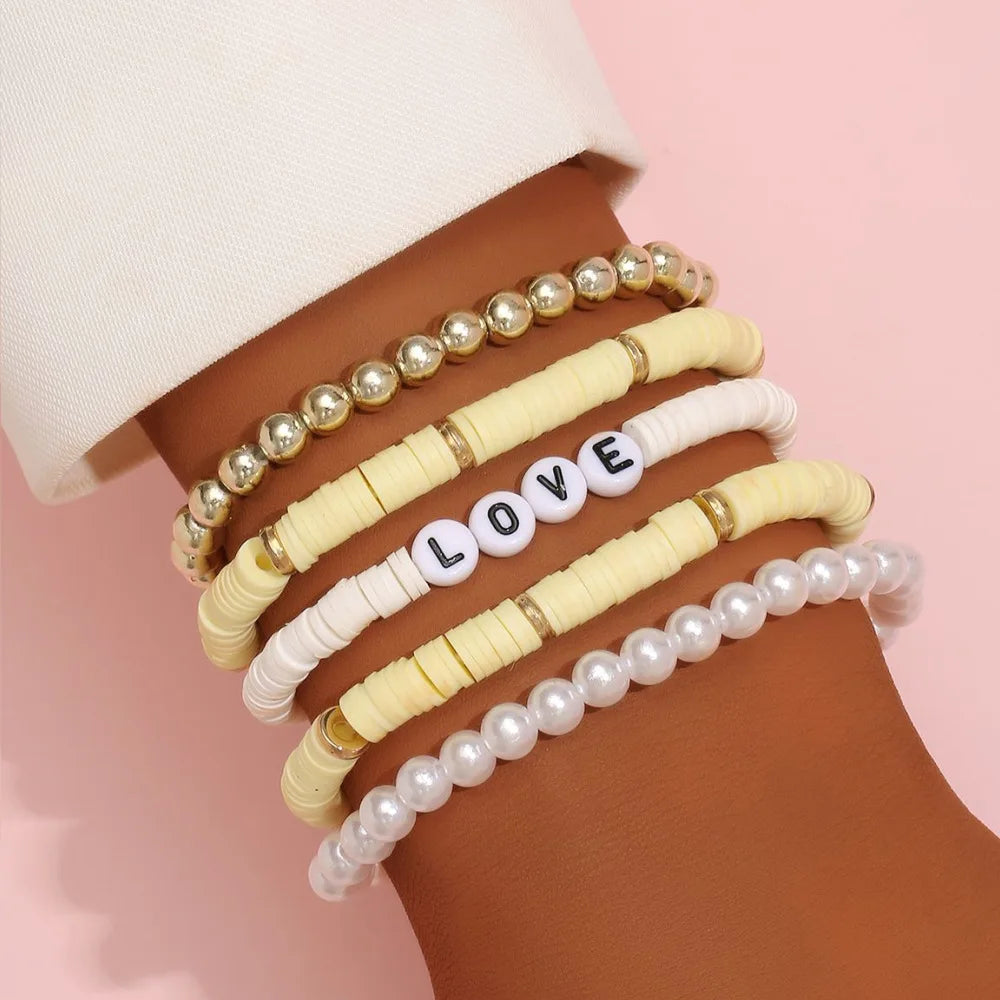 Aveuri-Christmas Gift New Year's Eve Gift Fashion Rainbow Stackable Bracelets Set For Women Heart Charm Soft Clay Pottery Layering Beads Chain Bangle Female Boho Jewelry