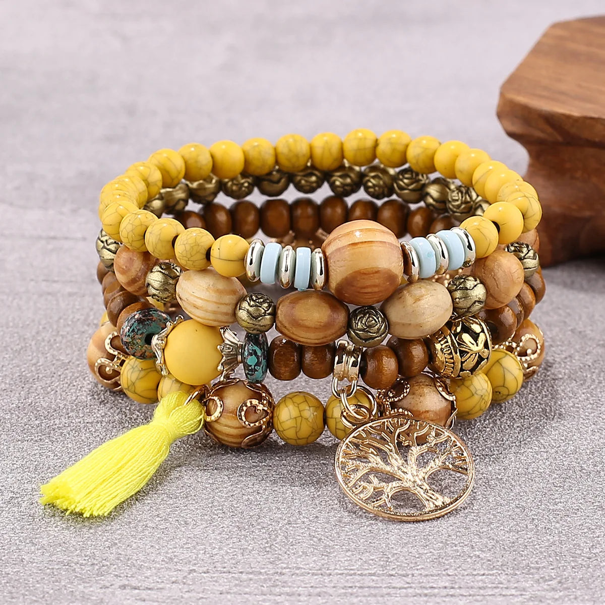 Aveuri-Christmas Gift New Year's Eve Gift 4Pcs/Set Boho Wooden Beaded Bracelet Set For Women Tree Of Life White Tassels Charm Elastic Chain Bangle Lady Bohemia Jewelry