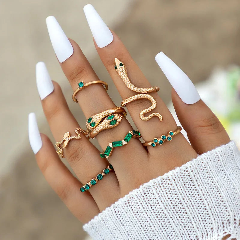 Aveuri-Christmas Gift New Year's Eve Gift Colorful Crystal Snake Shape Ring Set For Women Fashion Butterfly Heart Gold Color Geometric Rings Female Wedding Finger Jewelry