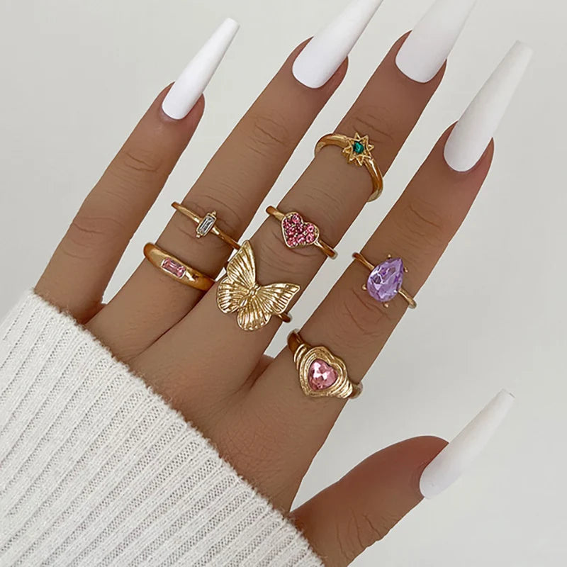 Aveuri-Christmas Gift New Year's Eve Gift Bohemia Geometric Colorful Enamel Kunckle Ring Set For Women Butterfly Heart Sign Finger Ring Female Daily Jewelry