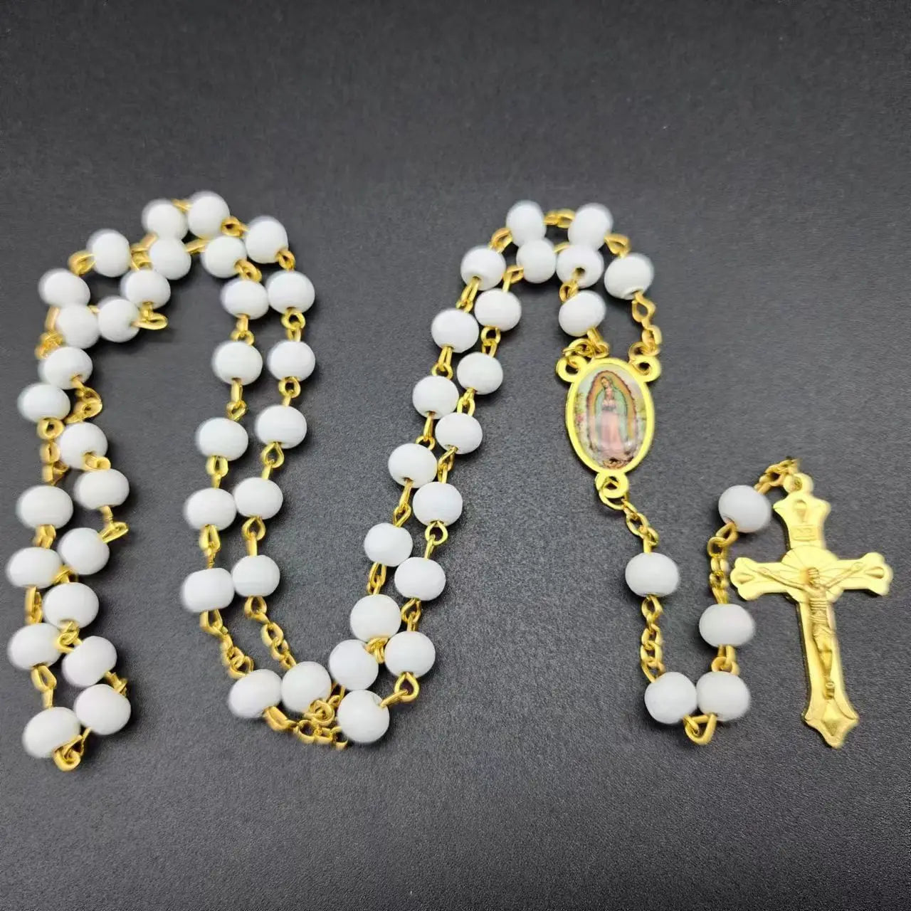 Aveuri-Christmas Gift New Year's Eve Gift White Wooden Rosary Necklace For Women Crucifix Cross Pendant Long Chain Necklace Men  Religious Catholic Prayer Jewelry