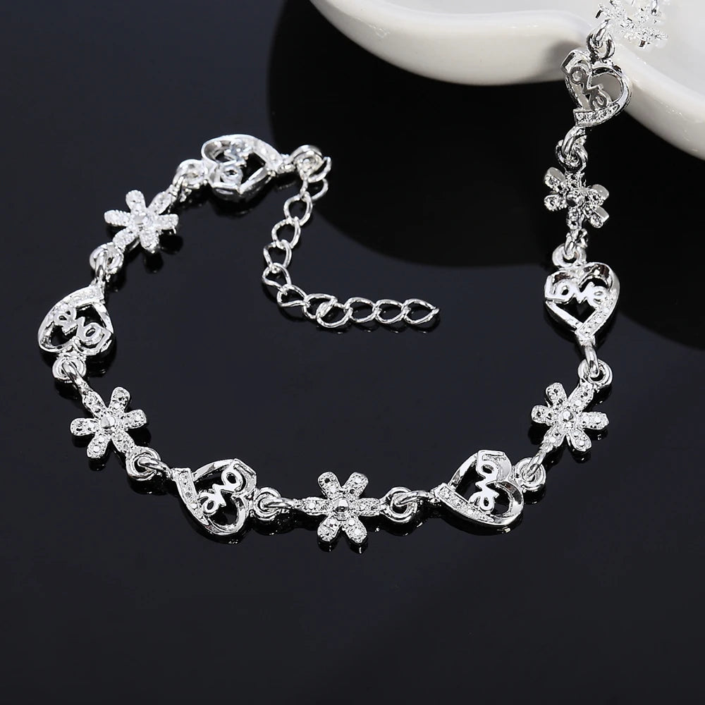 Aveuri Hot fine 925 sterling silver Bracelet Fashion crystal romantic heart flower chain for woman wedding accessories designer jewelry