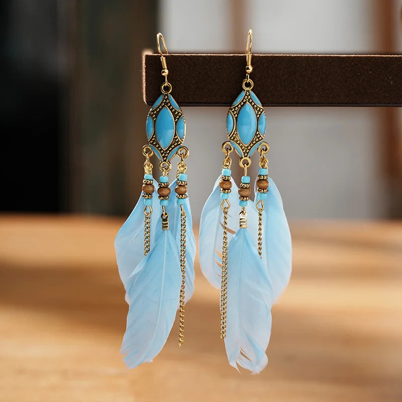 Aveuri-Christmas Gift New Year's Eve Gift New Ethnic Long Feather Dangle Earrings For Women Bohemian Tassel Beads Handmade Enamel Earrings Girl Bride Wedding Jewelry