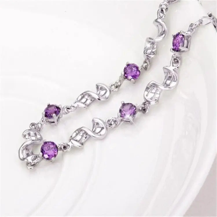 Aveuri Hot luxury designer 925 Sterling Silver Purple crystal Lucky Clover Bracelets for women fashion party wedding Jewelry 17CM+4CM