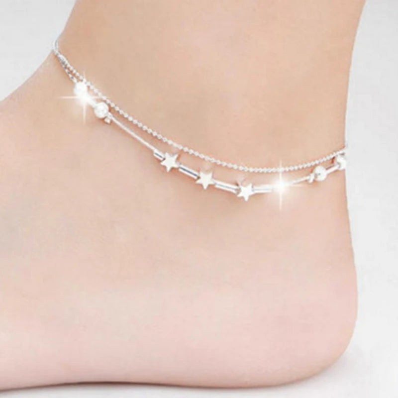 Aveuri New Trendy 925 Sterling Silver Anklets For Women Cute Star Ankle Chain Bracelet Foot Jewelry Girl Beach Party Accessories