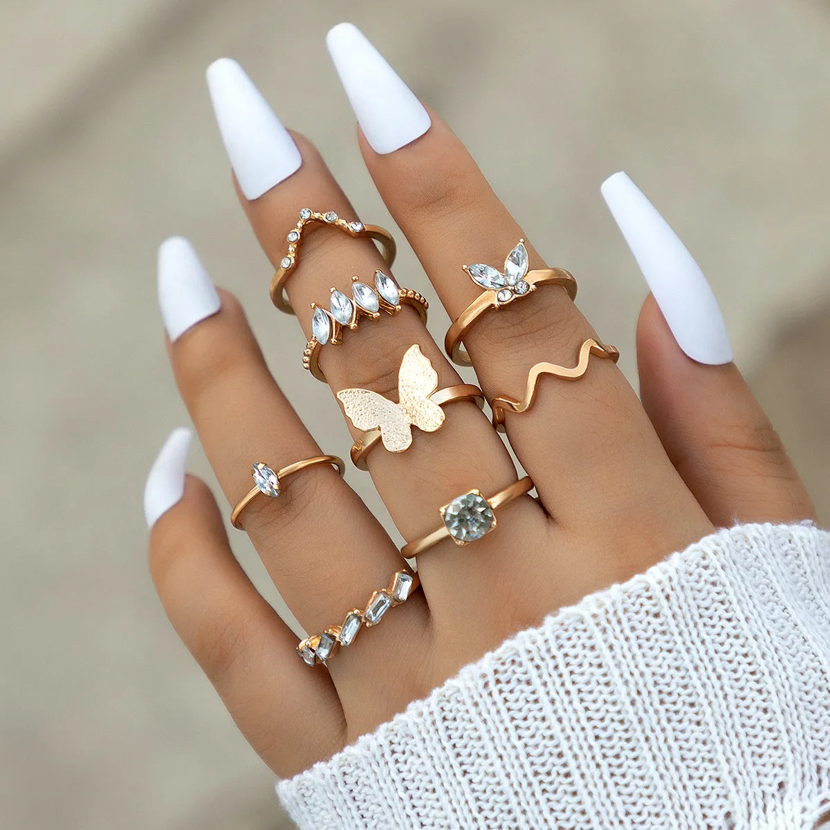 Aveuri-Christmas Gift New Year's Eve Gift Colorful Crystal Snake Shape Ring Set For Women Fashion Butterfly Heart Gold Color Geometric Rings Female Wedding Finger Jewelry