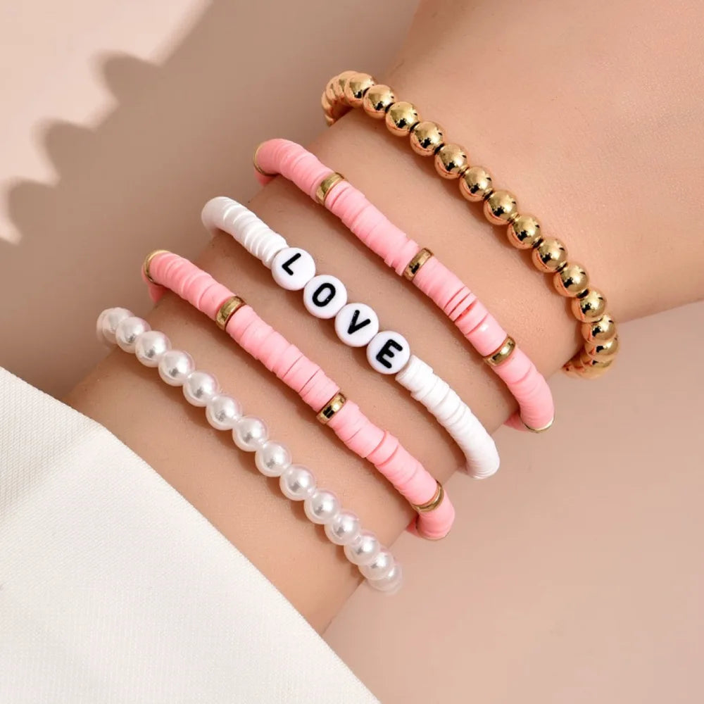 Aveuri-Christmas Gift New Year's Eve Gift Fashion Rainbow Stackable Bracelets Set For Women Heart Charm Soft Clay Pottery Layering Beads Chain Bangle Female Boho Jewelry