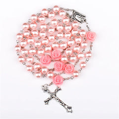 Aveuri-Christmas Gift New Year's Eve Gift 6MM Pink Rosary Necklace For Women Rose Glass Beads Chain Crucifix Cross INRI Pendant Men Religious Prayer Long Jewelry