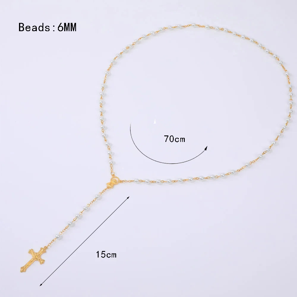 Aveuri-Christmas Gift New Year's Eve Gift Religious Rosary Necklace For Women 6MM White Imitation Pearls Long Chain Crucifix Cross Pendant Prayer Party Jewelry Gift