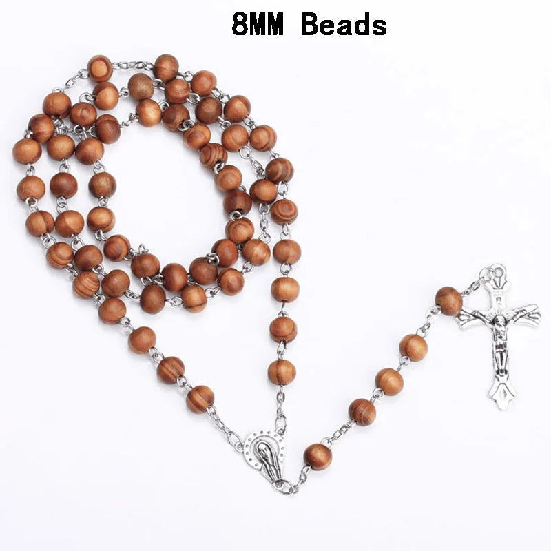 Aveuri-Christmas Gift New Year's Eve Gift Catholic Wood Beaded Rosary Necklaces For Women Christian INRI Crucifix Cross Pendant Long Chain Men Religion Prayer Jewelry