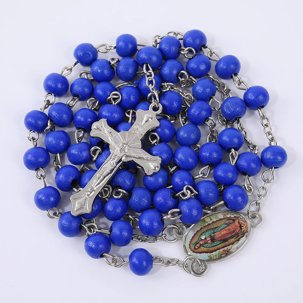 Aveuri-Christmas Gift New Year's Eve Gift Blue Rosary Necklace For Women Men 6MM Wooden Prayer Beads Long Chain Religious Virgin Mary Cross Pendant Men Party Jewelry Gift