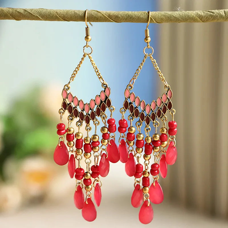 Aveuri-Christmas Gift New Year's Eve Gift Bohemian Water Drop Tassel Earrings For Women Colorful Beads Dangle Ethnic Style Earring Female Fashion Jewelry