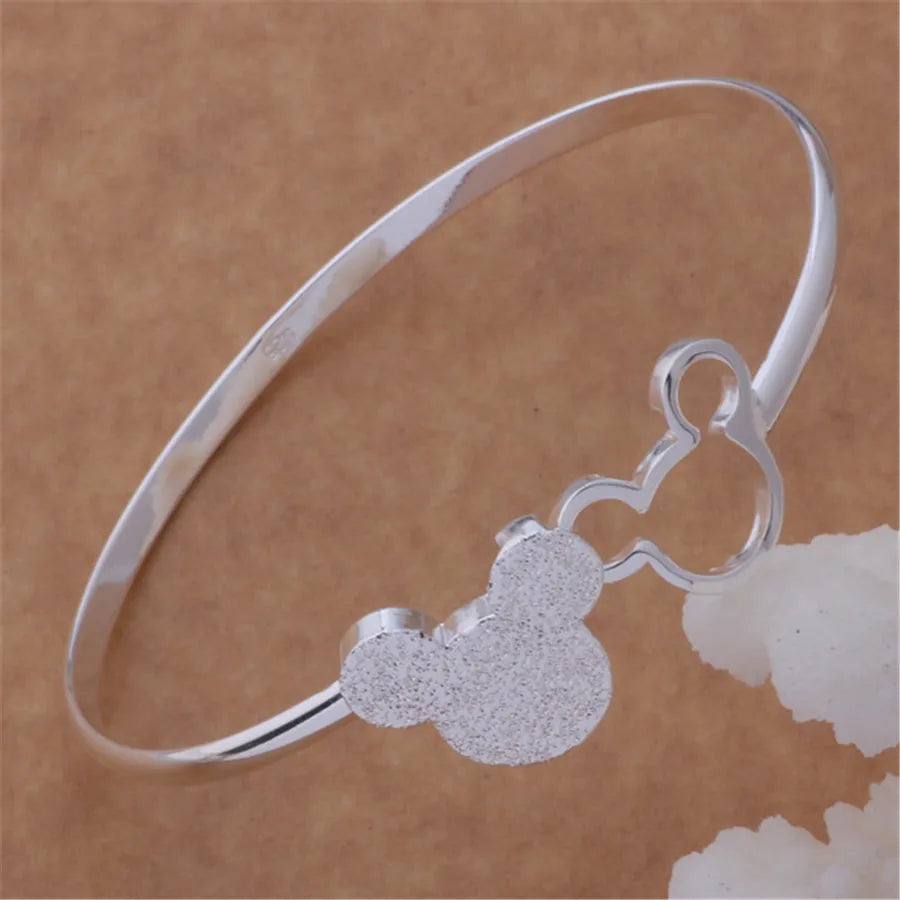 Aveuri Special offer 925 Stamped Silver color fine Frosted Mickey bangle Bracelets for Women Fashion Party wedding Gifts Jewelry