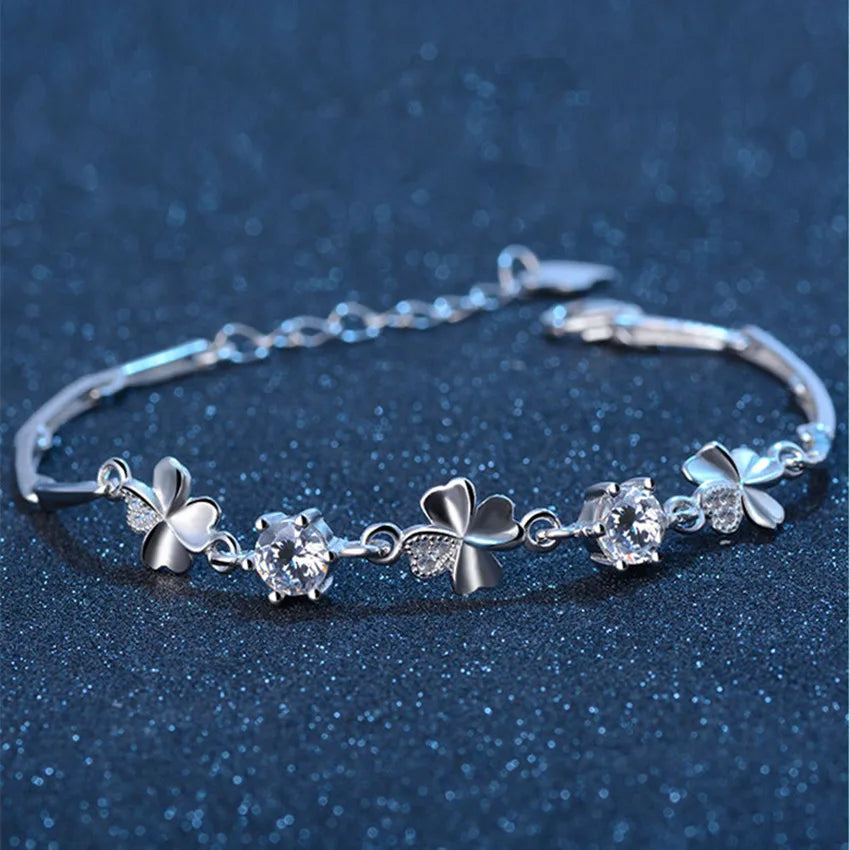 Aveuri gorgeous 925 sterling Silver Zircon Lucky Clover Bracelets crystals chain For Women Valentines Gift Wedding cute Jewelry