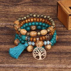 Aveuri-Christmas Gift New Year's Eve Gift Boho Tree Of Life Bracelet Set For Women Fashion Tassels Charm Wooden Beads Elastic Chain Bangle Girl Trendy Party Jewelry