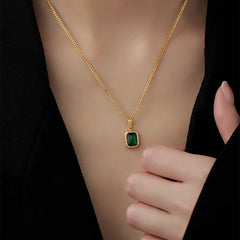 Aveuri Retro Square Green Zircon Pendant Necklace For Women Titanium Steel Necklace Girls Wedding Engagement Jewelry