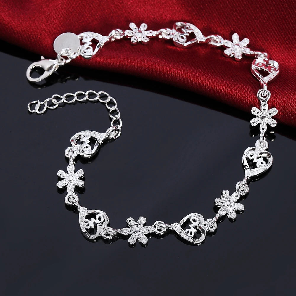 Aveuri Hot fine 925 sterling silver Bracelet Fashion crystal romantic heart flower chain for woman wedding accessories designer jewelry