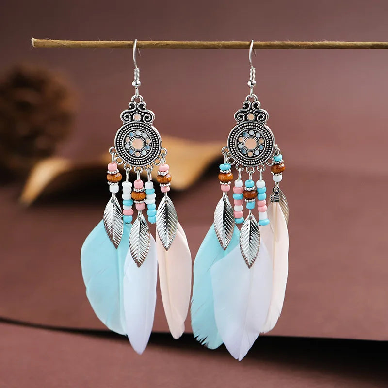 Aveuri-Christmas Gift New Year's Eve Gift Bohemian Ethnic Feather Drop Earrings For Women Elegant Wood Beads Leaf Long Tassels Dangle Earring Girls Fashion Party Jewelry