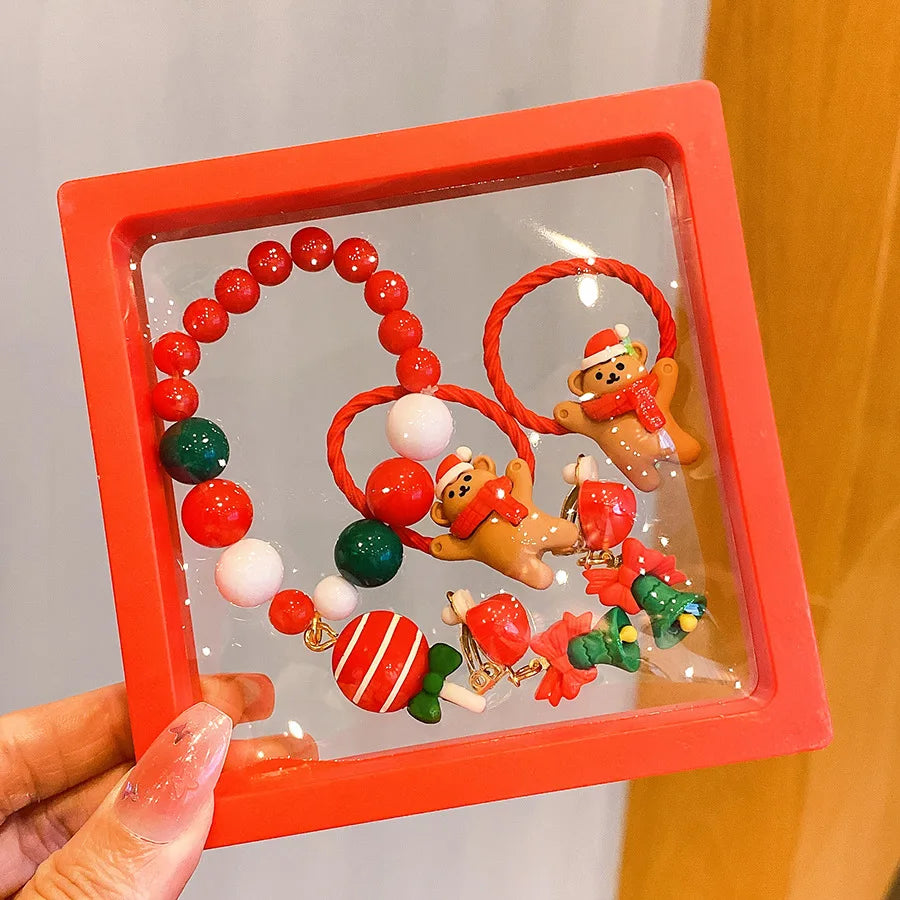 Aveuri-Christmas Gift idea 5 Pcs Kids Bracelet Ring Earring Set Santa Elk Girls Gift Holiday Party Ring Ear Clip Childrens Jewelry