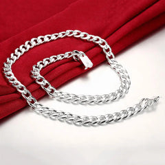 Aveuri Fine 925 Sterling Silver Solid 10MM Chain Necklace Bracelets Jewelry Sets Wedding party Gift Fashion for Men Women 50/55/60CM