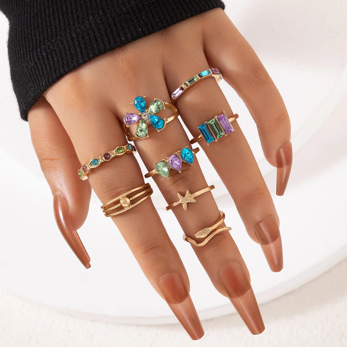 Aveuri-Christmas Gift New Year's Eve Gift Colorful Crystal Snake Shape Ring Set For Women Fashion Butterfly Heart Gold Color Geometric Rings Female Wedding Finger Jewelry