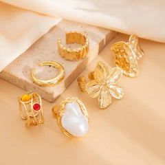 Fashion Gold Color Flower Crystal Imitation Pearl Open Ring for Women Engagement Party Gift Temperament Jewelry 2024 ﻿