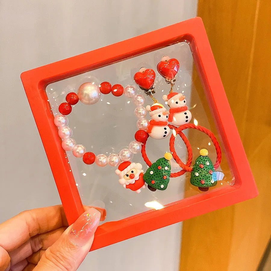 Aveuri-Christmas Gift idea 5 Pcs Kids Bracelet Ring Earring Set Santa Elk Girls Gift Holiday Party Ring Ear Clip Childrens Jewelry