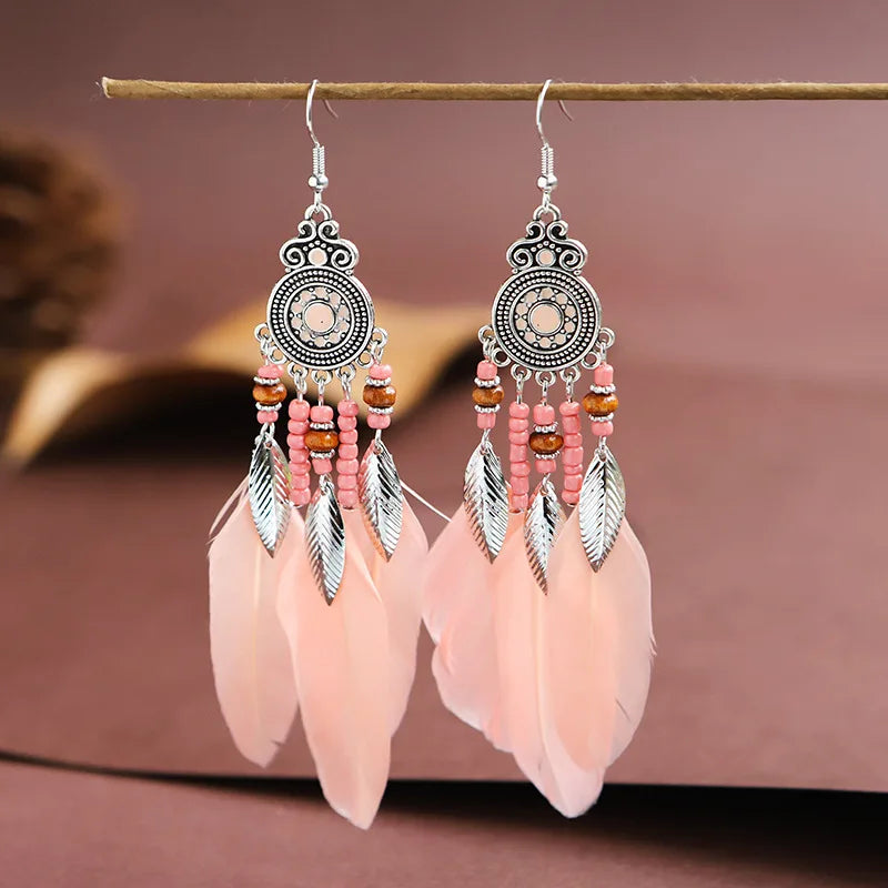 Aveuri-Christmas Gift New Year's Eve Gift Bohemian Ethnic Feather Drop Earrings For Women Elegant Wood Beads Leaf Long Tassels Dangle Earring Girls Fashion Party Jewelry