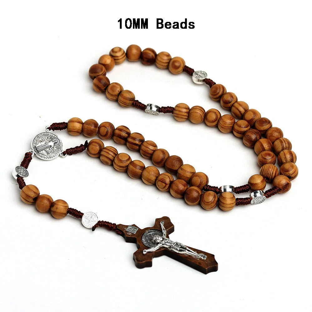 Aveuri-Christmas Gift New Year's Eve Gift Catholic Wood Beaded Rosary Necklaces For Women Christian INRI Crucifix Cross Pendant Long Chain Men Religion Prayer Jewelry