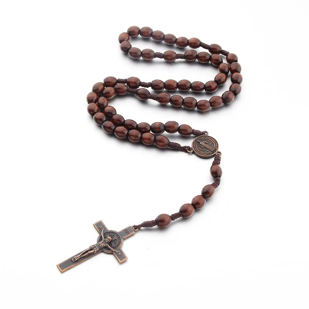 Aveuri-Christmas Gift New Year's Eve Gift Handmade Wood Beads Rosary Necklace For Women Men Crucifix Cross Pendant Long braided Rope Chain Religious Prayer Jewelry