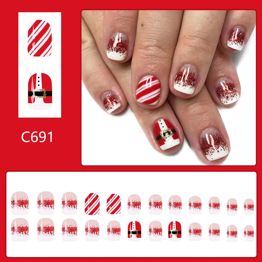 24Pcs Short Shiny Square Press on Nails Christmas Red Glitter Santa with Stripe Design Full Cover Fake Nail Tips for Women&girls