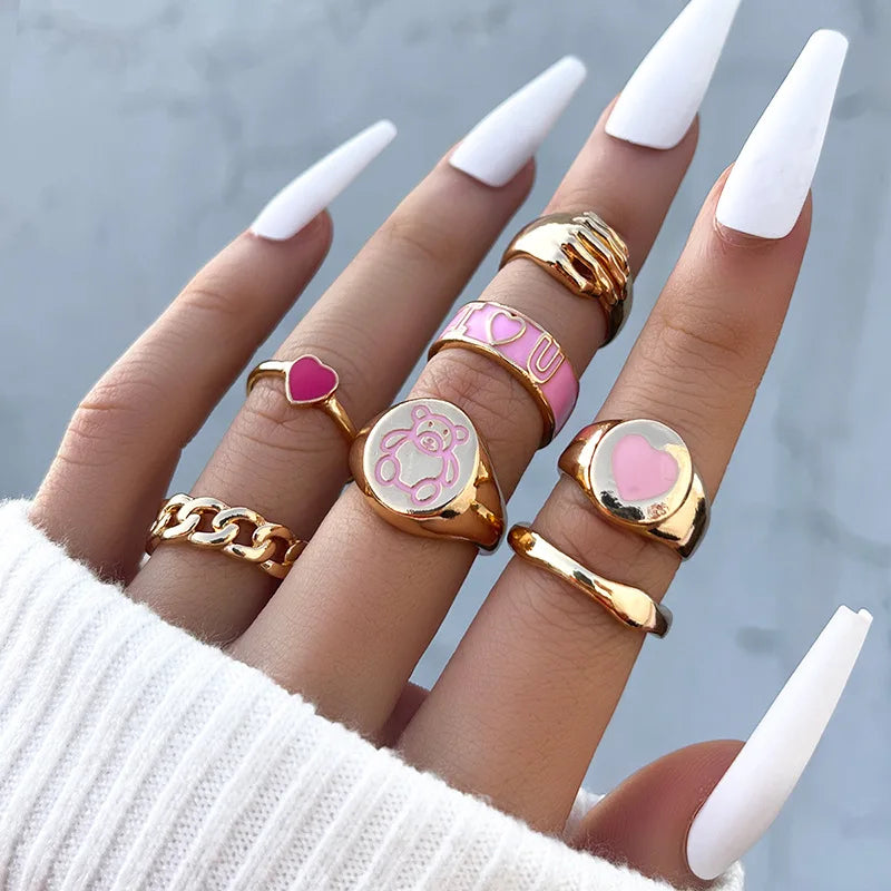 Aveuri-Christmas Gift New Year's Eve Gift Bohemia Geometric Colorful Enamel Kunckle Ring Set For Women Butterfly Heart Sign Finger Ring Female Daily Jewelry