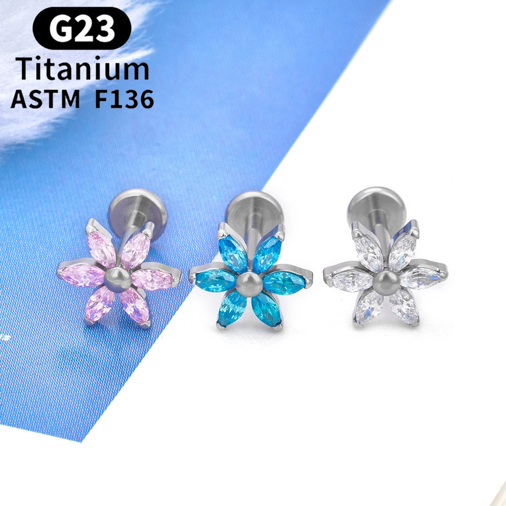 Aveuri-Christmas Thanksgiving Black Friday gifts G23 Titanium Leaf Flower Shape Ear Studs Pierc Tragus Cartilage Helix Daith Earrings CZ Top 16G Lip Stud Women Piercing Jewelry