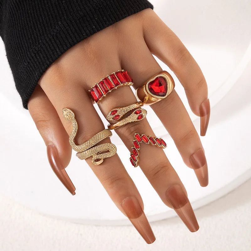 Aveuri-Christmas Gift New Year's Eve Gift Colorful Crystal Snake Shape Ring Set For Women Fashion Butterfly Heart Gold Color Geometric Rings Female Wedding Finger Jewelry