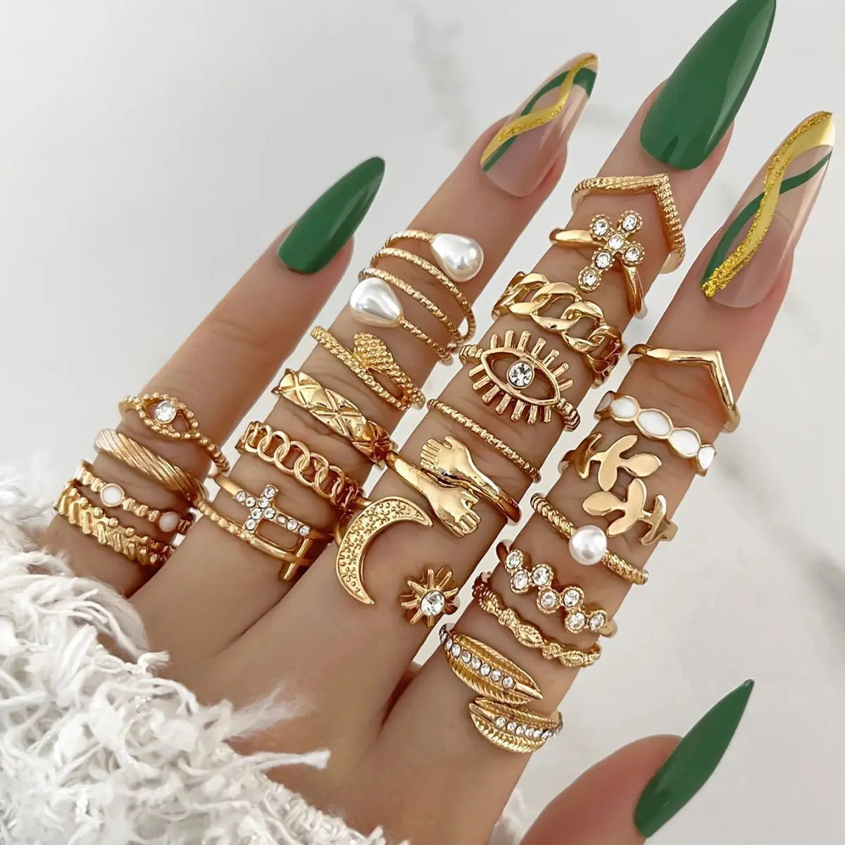 Aveuri-Christmas Gift New Year's Eve Gift Bohemian Geometric Knuckle Rings Set For Women Eye Cross Sun And Moon Leaf Charm Finger Ring Female Fashion Party Jewelry