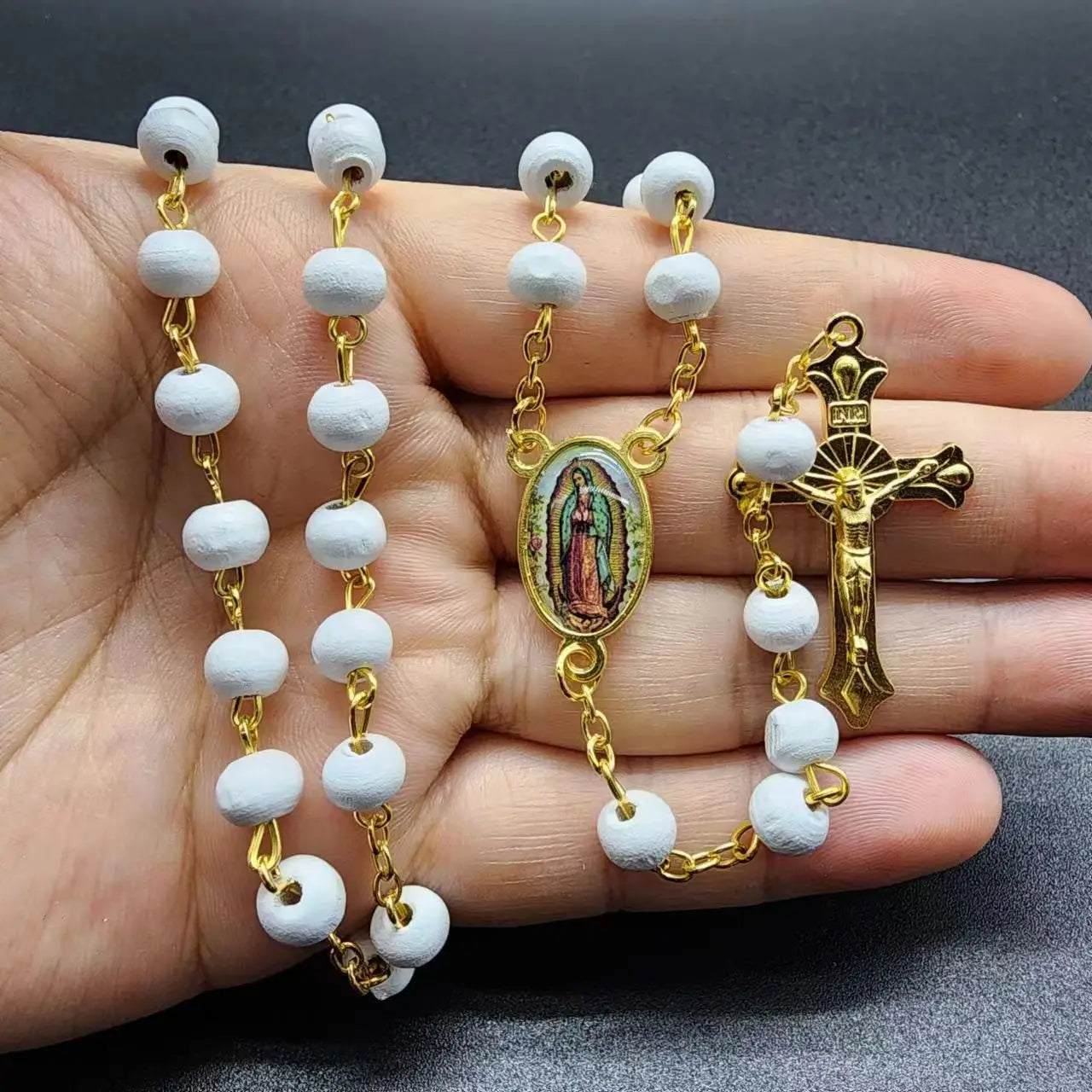 Aveuri-Christmas Gift New Year's Eve Gift White Wooden Rosary Necklace For Women Crucifix Cross Pendant Long Chain Necklace Men  Religious Catholic Prayer Jewelry