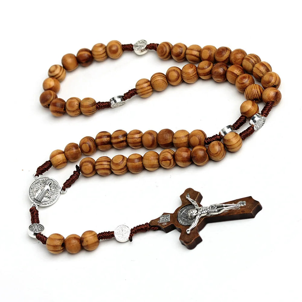 Aveuri-Christmas Gift New Year's Eve Gift 10MM Wood Beads Rosary Cross Necklace For Women Men Christian Virgin Mary INRI Pendant Chain Fashion Religion Jewelry