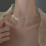 Silver Color Bow Clavicle Chain Necklace Fashion Acrylic Crystal Pendant Necklace For Women INS Jewelry Kpop Accessories